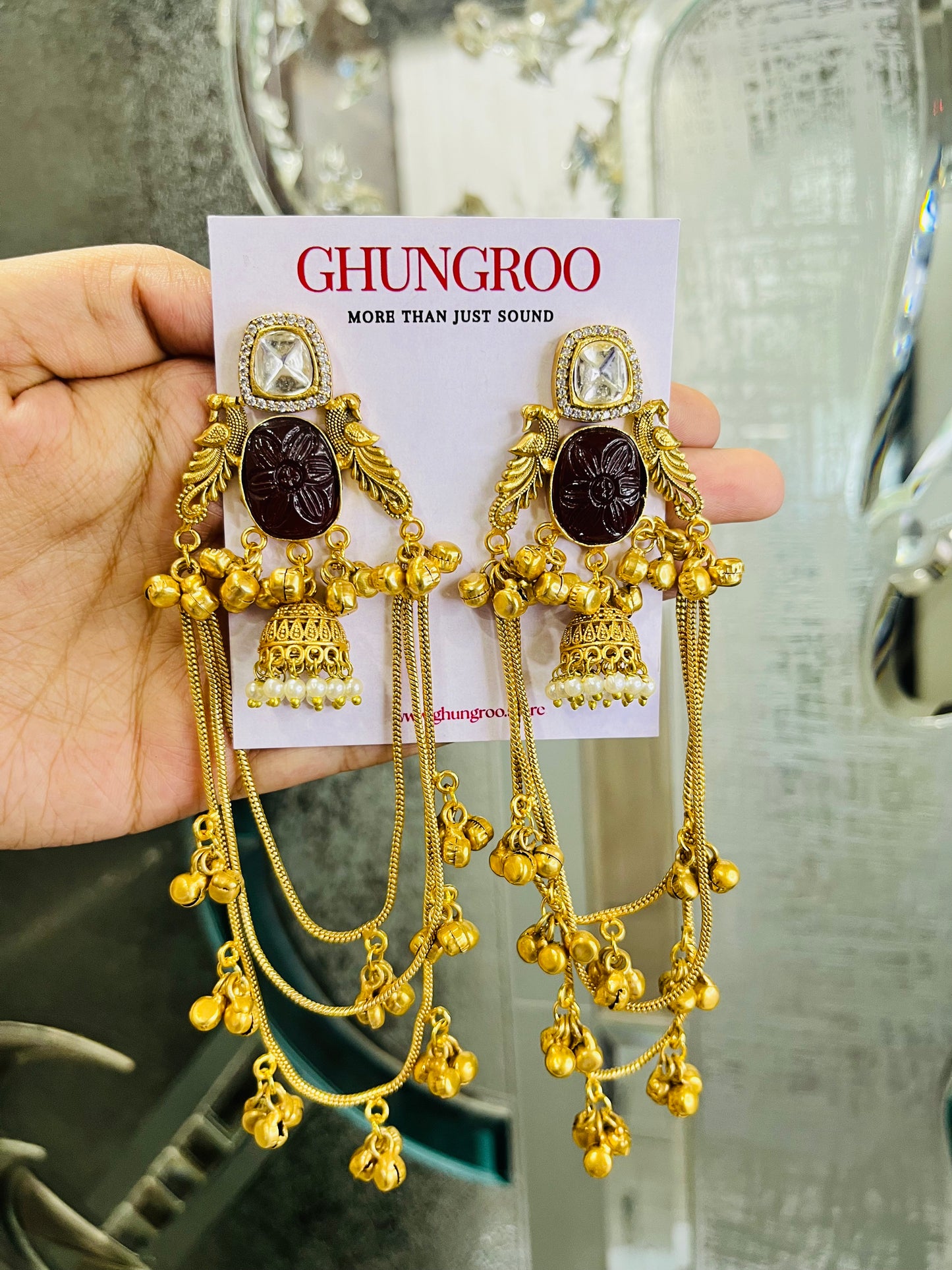 Peacock Design Triple Chain Ghungroo Kashmiri Earring