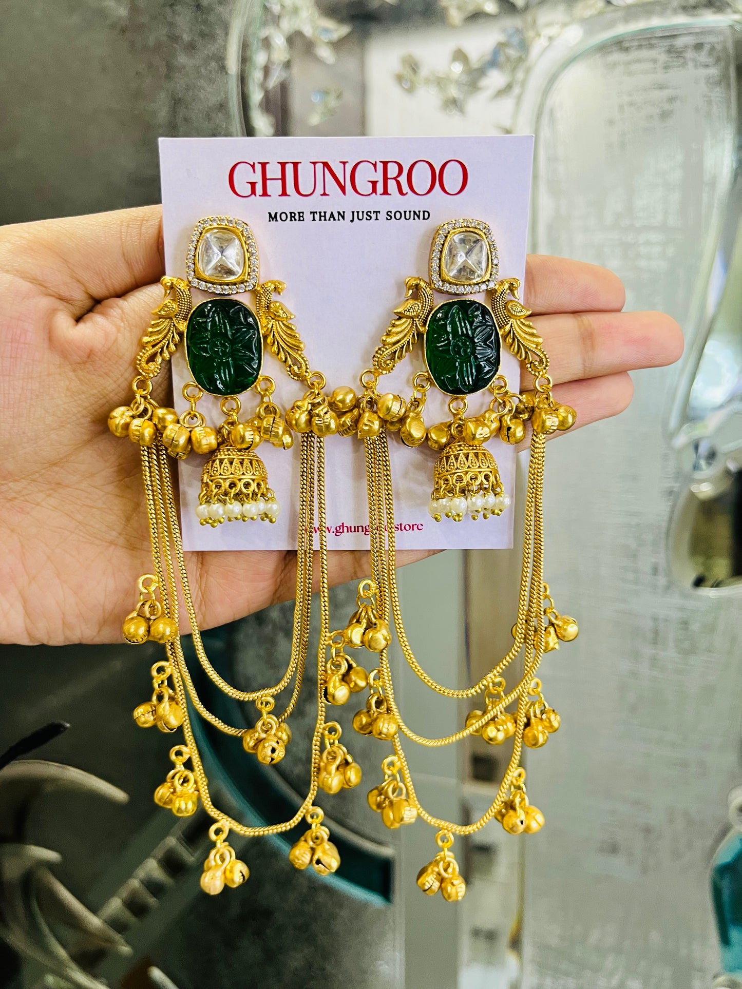 Peacock Design Triple Chain Ghungroo Kashmiri Earring