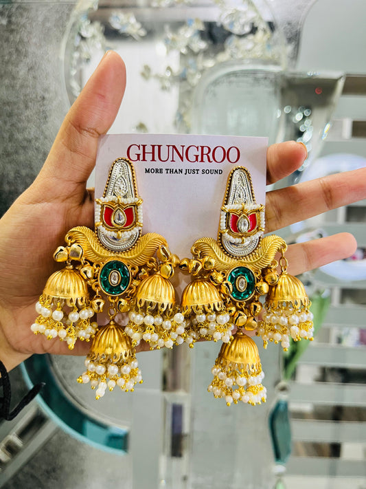 Lotus Brass Kashmiri Earrings with Multi Pearl Jhumki
