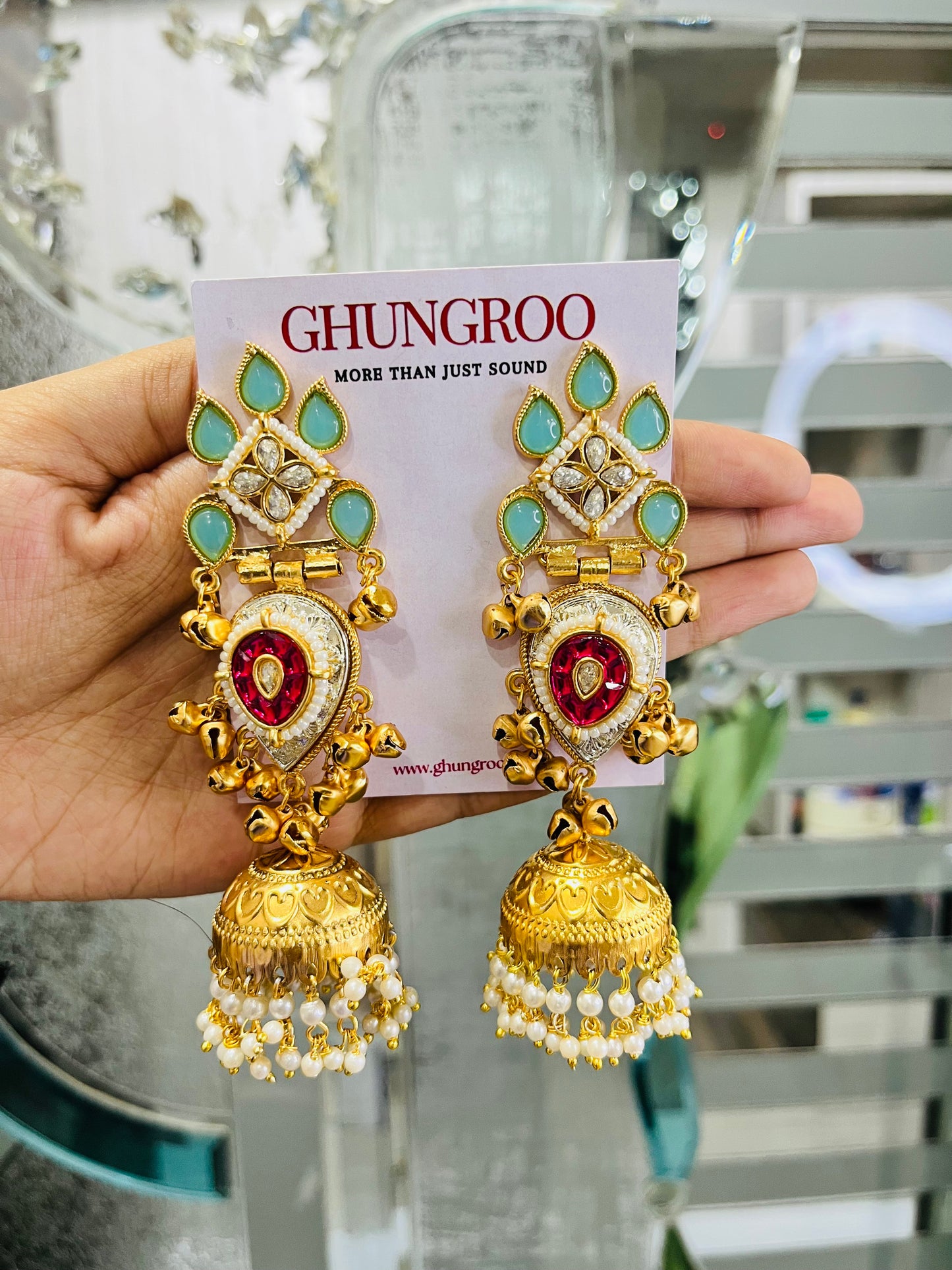 Lotus Flower Brass Kashmiri Earrimg with Pearl Jhumki
