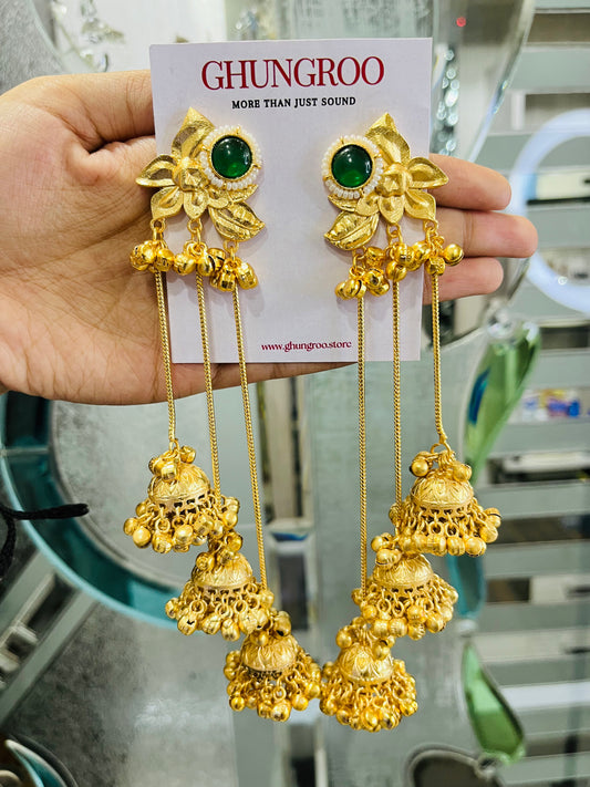 Green Floral Brass Kashmiri Earrings with Jhumki