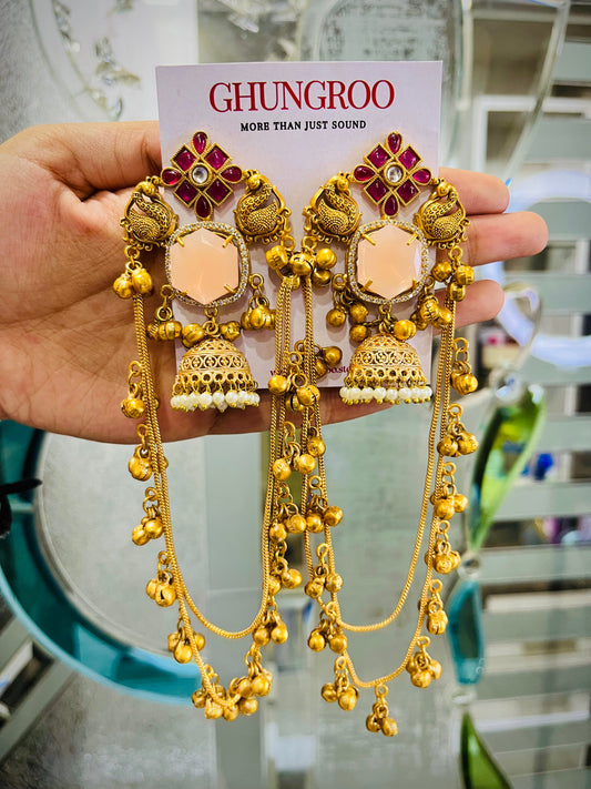 Pink Peacock Double Chain Ghungroo Kashmiri Earring