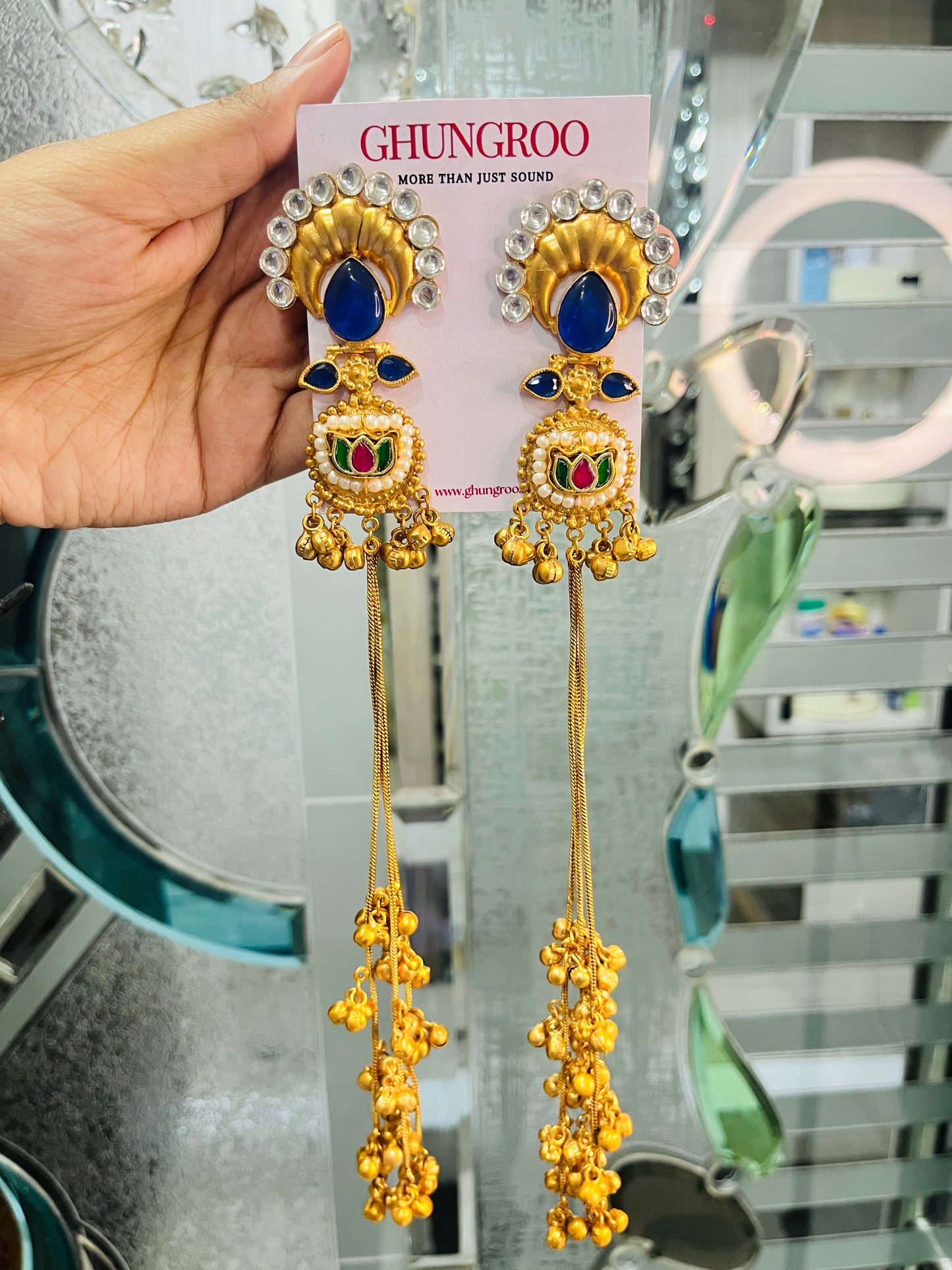 Blue Pachi Kundan Long Kashmiri Ghungroo Earring