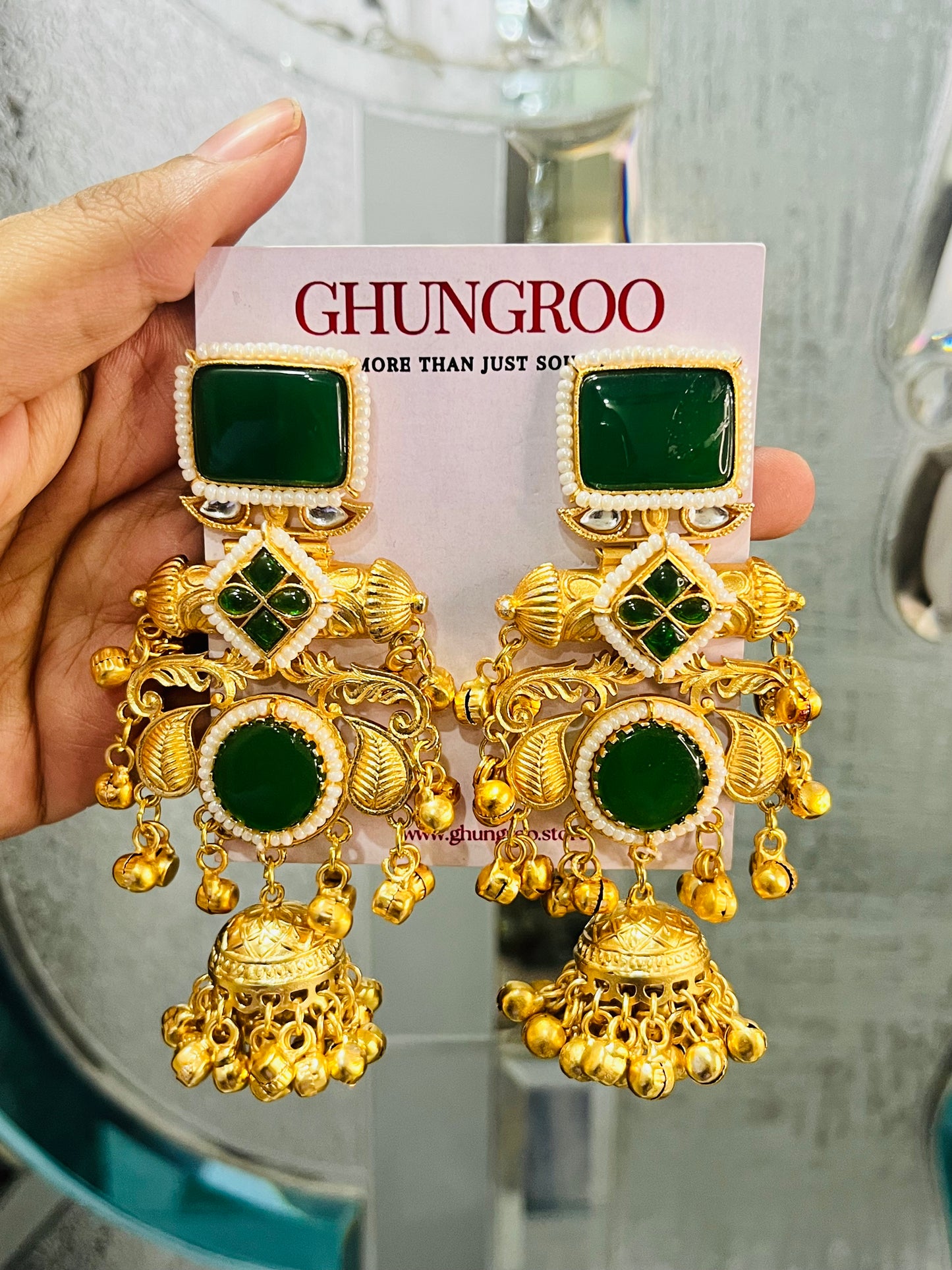 Pachi Kundan Brass Kashmiri Jhumka