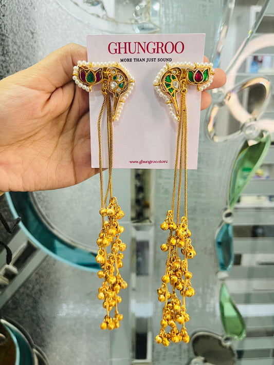 Pachi Kundan Long Kashmiri Earring with 3 Chains