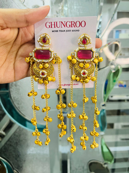 Red Zeba Kashmiri Earring with Ghungroo Chains