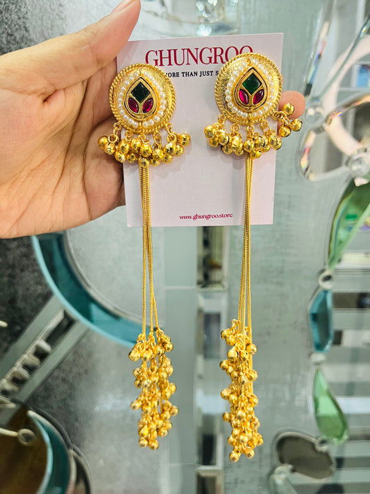 Long Pachi Kundan Kashmiri Earring with Ghungroo's