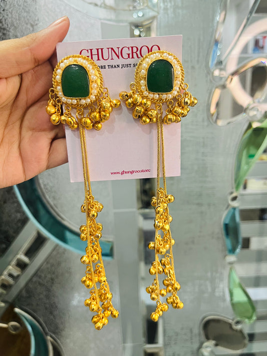 Green Stone 2 Chain Kashmiri Earrings