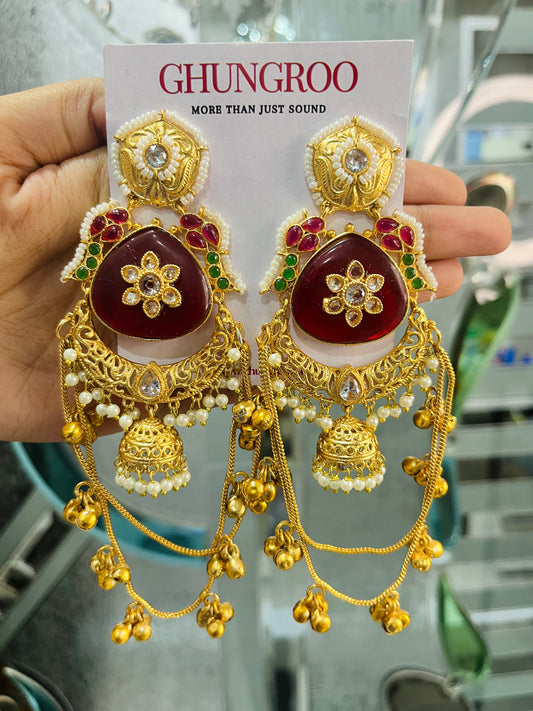 Bahubali Chandbali with Jhumki and Double Layer Ghungroo Chain