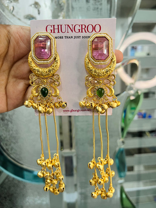 Nyra Chand Kashmiri Earrings with 3 Chain Ghungroo