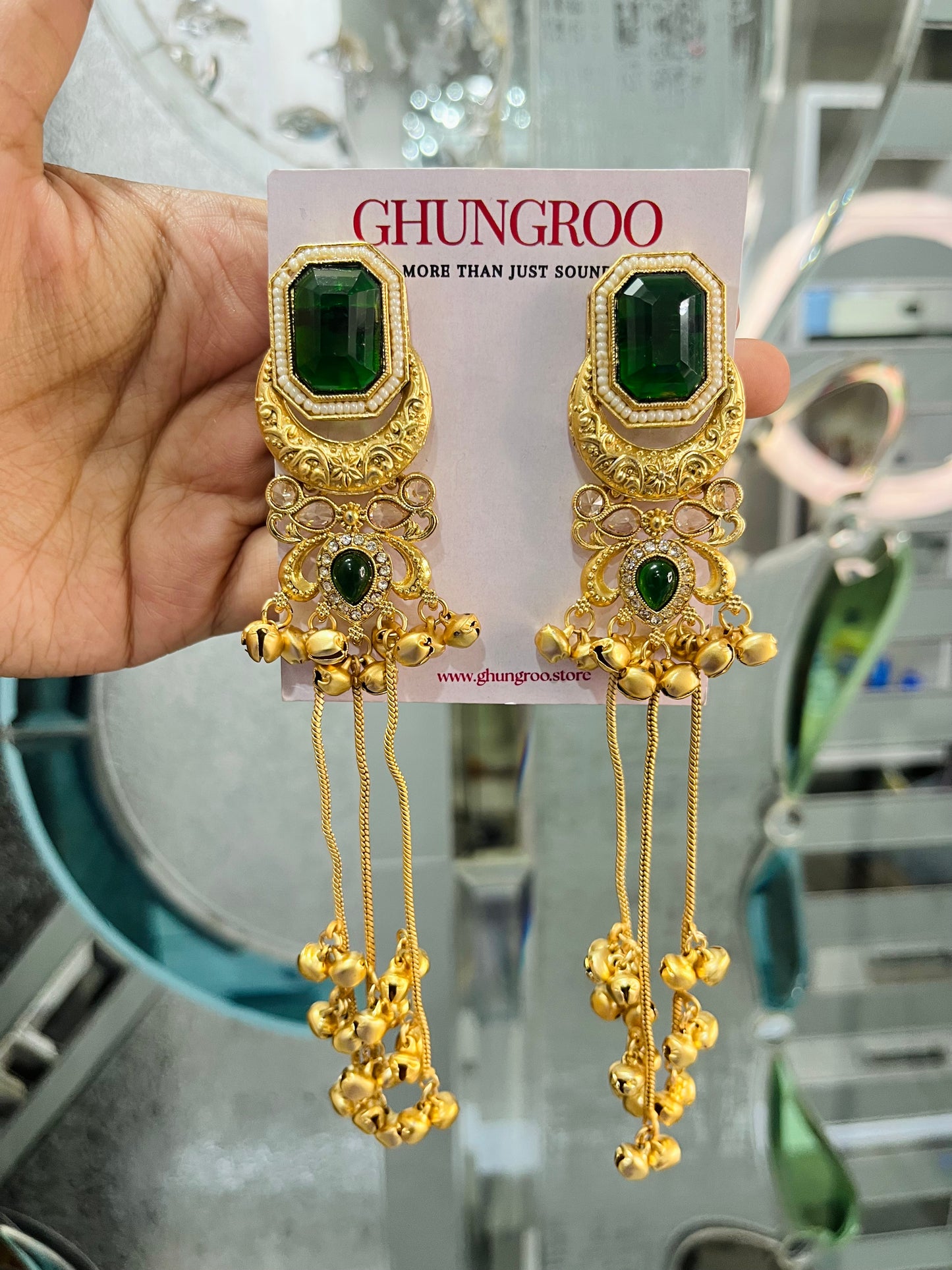 Nyra Chand Kashmiri Earrings with 3 Chain Ghungroo