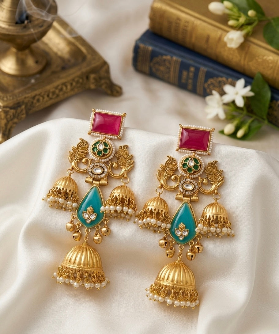 Kundan Stone Three Jhumki Brass Kashmiri Earrings